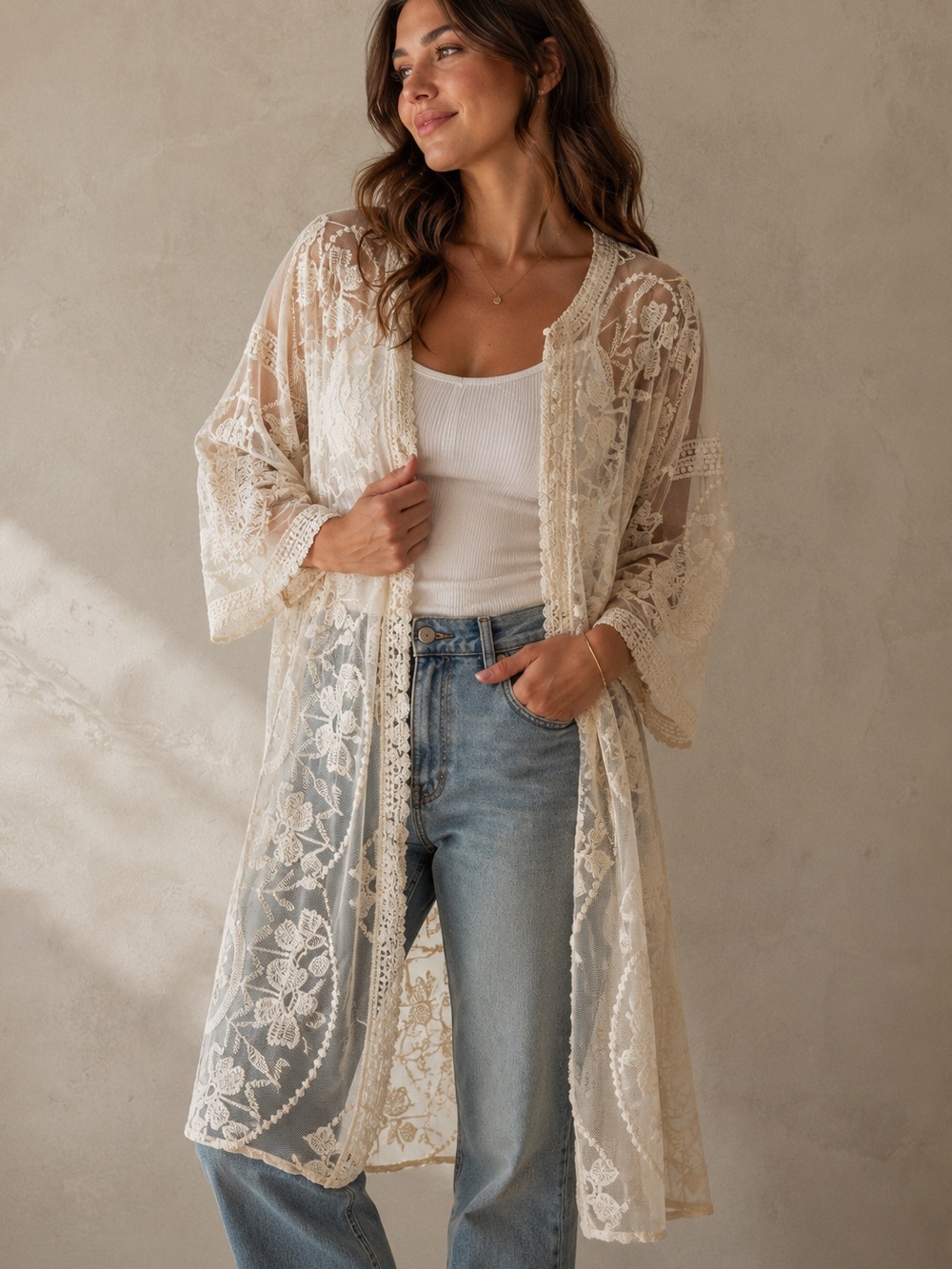 Indigo Poppy Embroidered Lace Kimono Duster | Boho Festival Beach Cover-Up